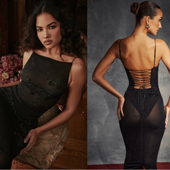 House of CB Dresses & Skirts - HOUSE OF CB 'Amirah' Black Mesh Crystal Embellished Midi Dress NWOT